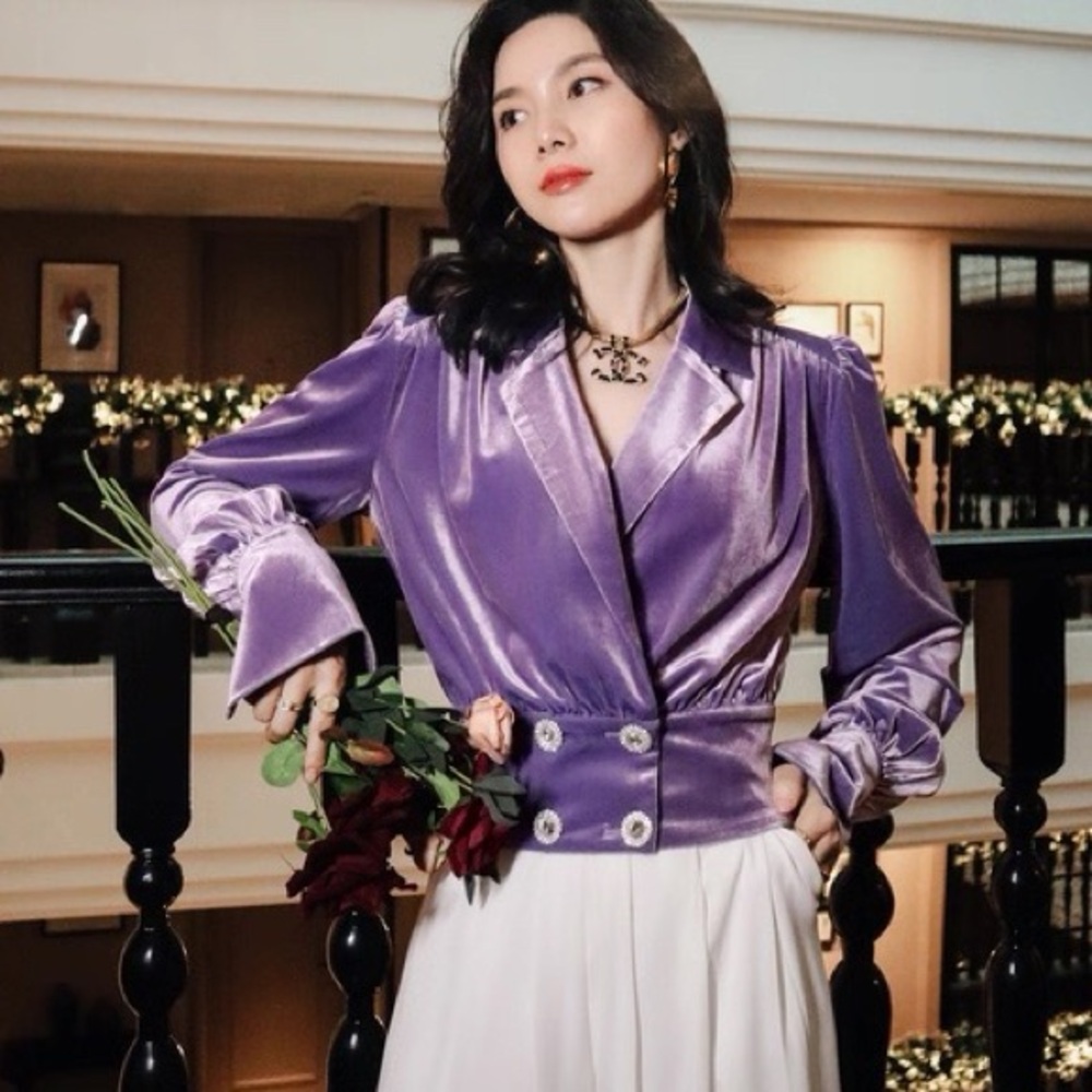 Lilac Satin Wrap Blouse with Decorative Buttons